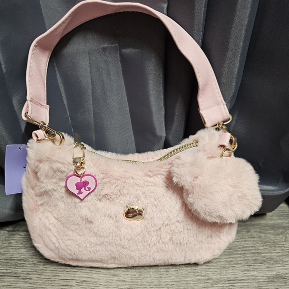 Pink Soft Fur Plush Shoulderbag Handbag With Fur Pom Pom Bag Charm - Picture 10 of 10